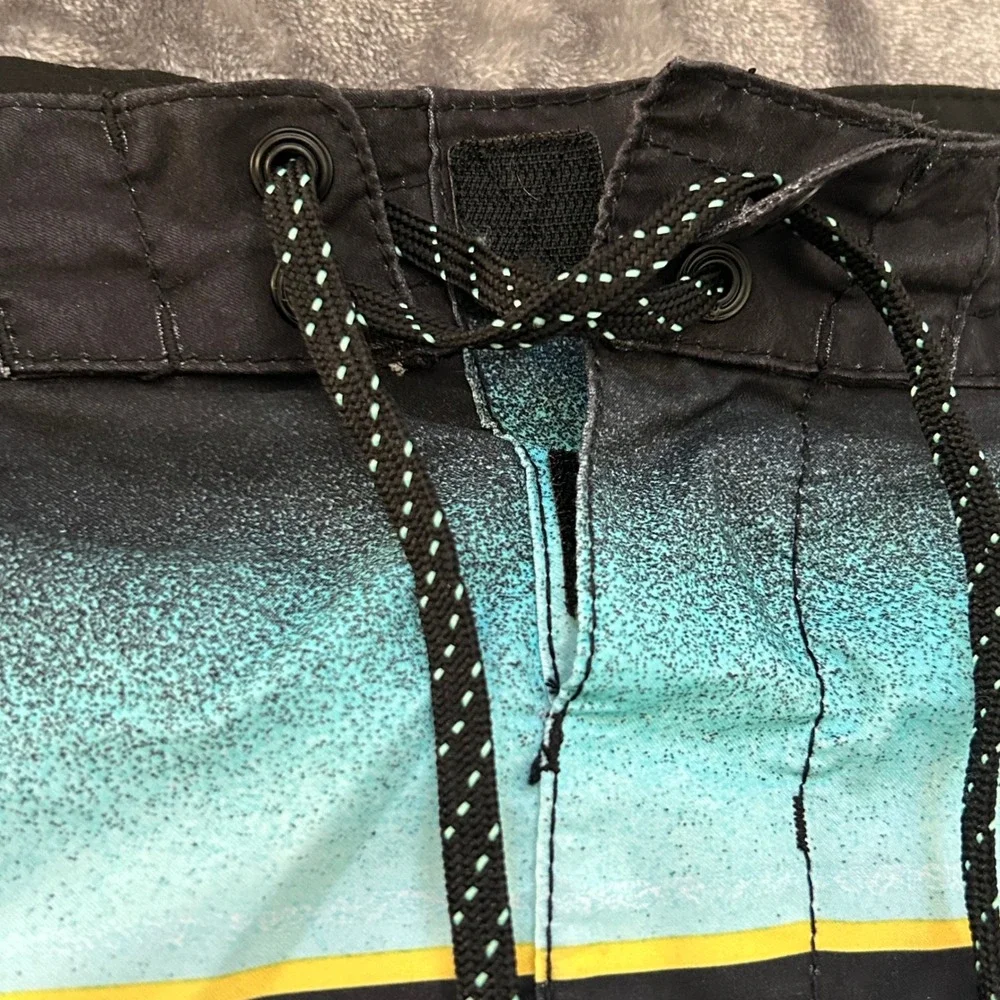 Billabong Originals 73 Mens 33 Board Shorts Aqua Black Yellow Stripe Surf Swim